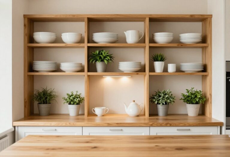 Cozy small kitchen with warm wood open shelving and under-cabinet lighting