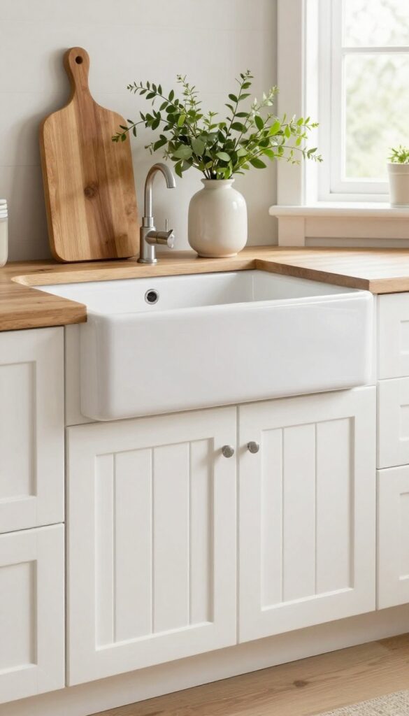White beadboard backsplash behind farmhouse sink in bright country kitchen