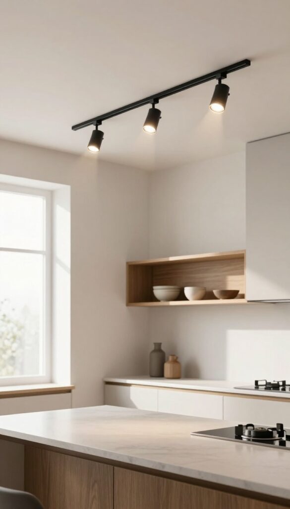 Modern small kitchen with magnetic track lighting rail and adjustable spotlights over counter and open shelves