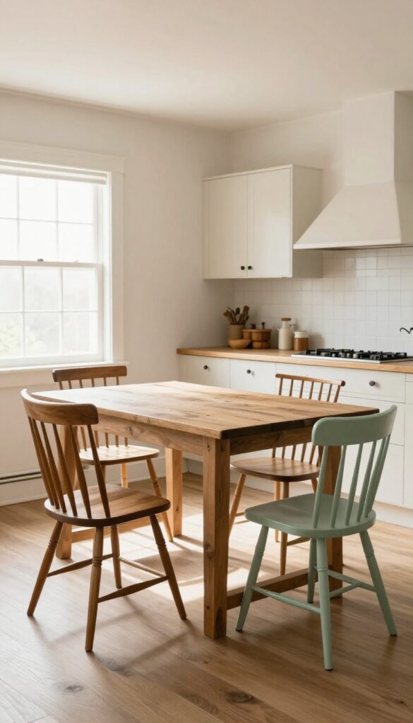 A light-filled vintage kitchen featuring a farmhouse table with mismatched dining chairs in cohesive colors and wood tones.