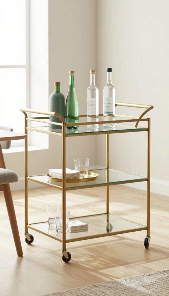Glass-shelf serving cart with drinks and glassware in a bright living room