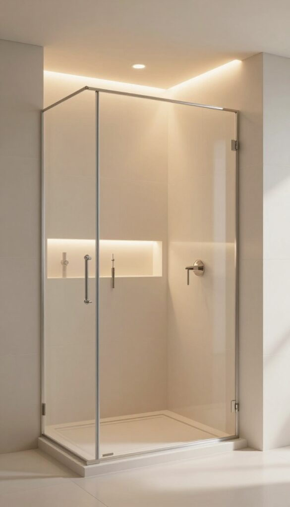 A modern shower cabin with soft mood lighting for a spa-like atmosphere, featuring waterproof LED fixtures in warm hues along the ceiling and niche.