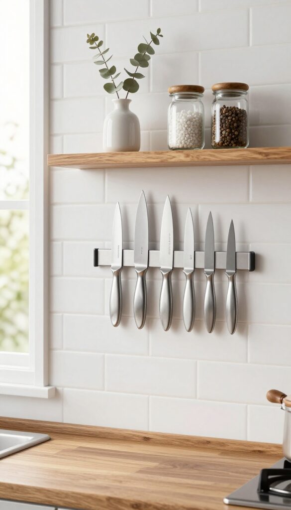Magnetic knife strip with wooden shelf above holding spices and eucalyptus