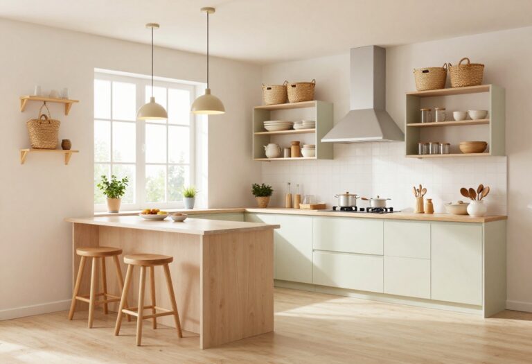A cute and realistic Bloxburg kitchen with pastel colors, open shelving, a small island, and herb plants on the windowsill.