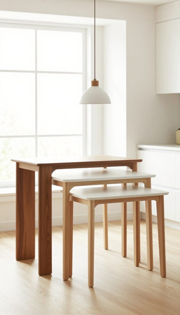 Nesting tables of different heights and finishes in a small kitchen, pulled apart to create extra dining surfaces