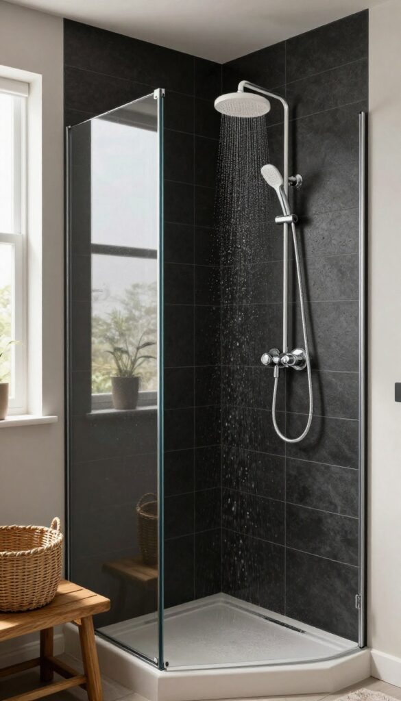 A walk-in shower with matte black tiles in bright natural light, featuring neutral fixtures and warm accents for a modern, sophisticated bathroom design.
