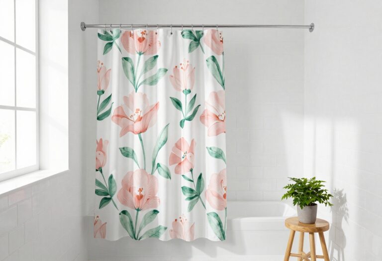 Bright bathroom with floral shower curtain, white tiles, and plant on wooden stool