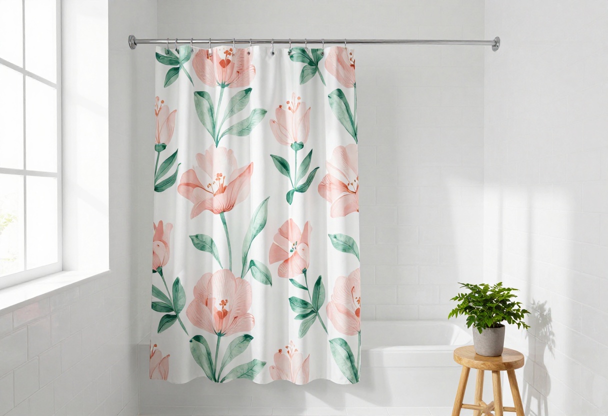Bright bathroom with floral shower curtain, white tiles, and plant on wooden stool