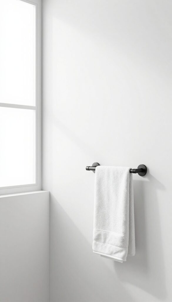 Minimalist bathroom with matte black faucet and towel bar in bright natural light, showcasing a clean and modern design without clutter.