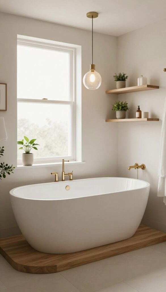 Pendant lights hanging over a freestanding tub-shower combo in a bright bathroom with natural light and wood accents.