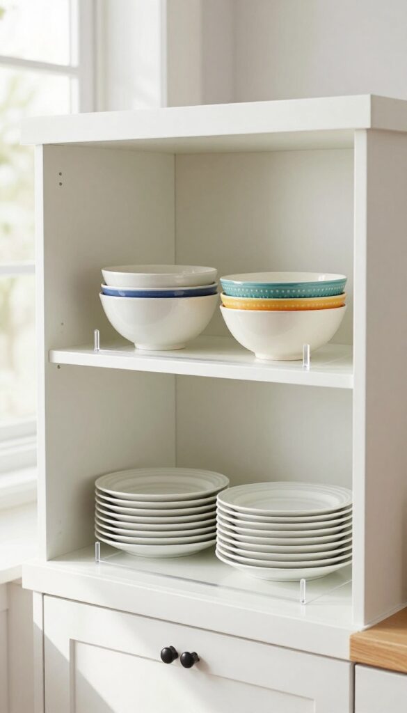 Kitchen shelf with clear acrylic risers creating two levels for plates and bowls.