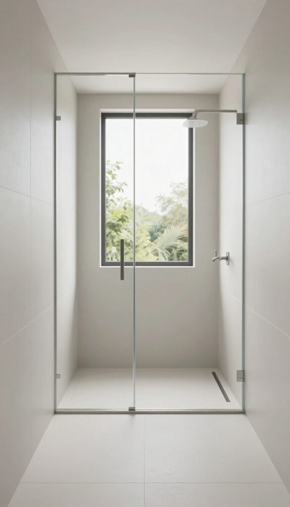 A curbless walk-in shower in a modern bathroom with seamless tile flooring and natural lighting.