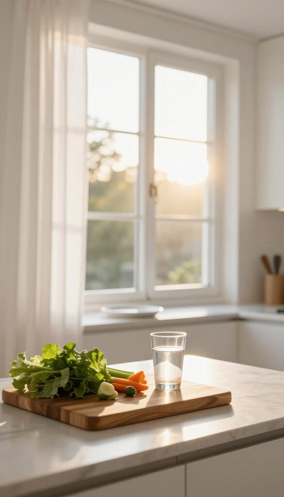 Bright kitchen during golden hour with natural light streaming through window, highlighting fresh vegetables on a cutting board.