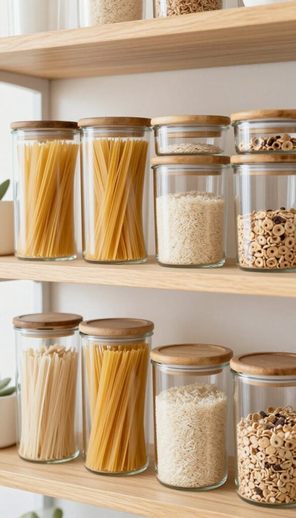 Clear glass jars with bamboo lids neatly arranged on a pantry shelf, filled with pasta and grains, in bright natural light.