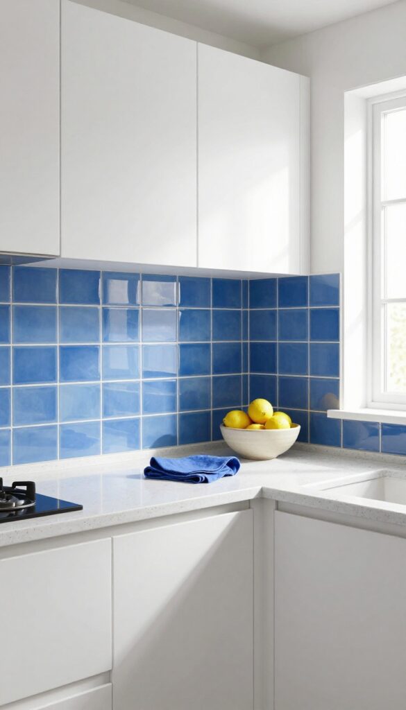 Small kitchen with white cabinets and a bold blue herringbone backsplash
