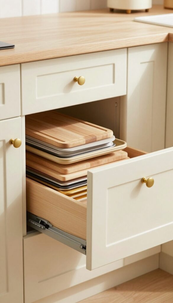 Toe-kick drawer under kitchen base cabinet, holding baking sheets and cutting boards.