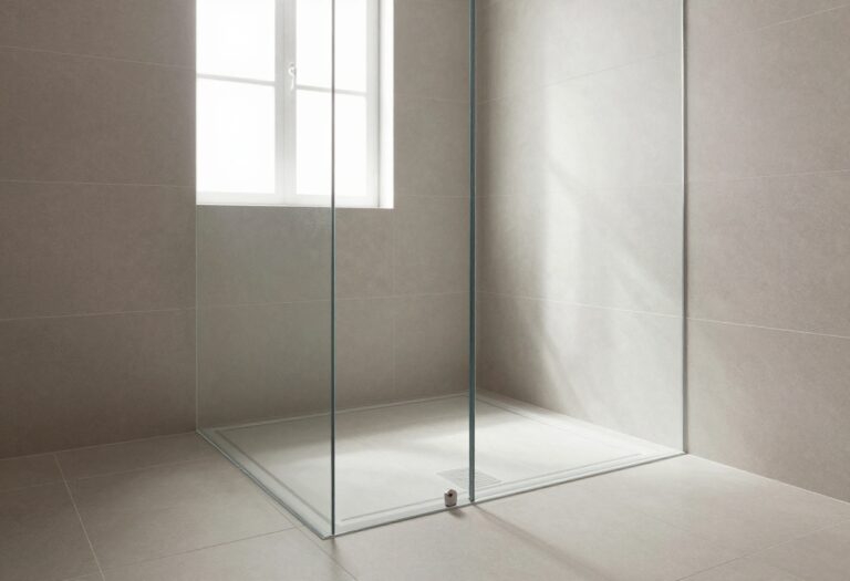 Modern bathroom with large-format matte porcelain shower floor and linear drain
