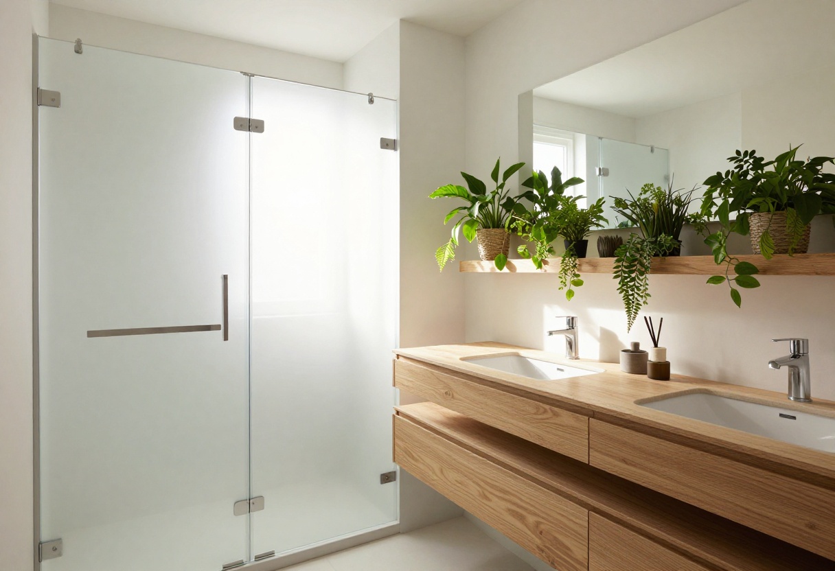 Modern bathroom featuring a frosted glass shower door with soft light, wooden accents, and green plants for a cozy, stylish look.