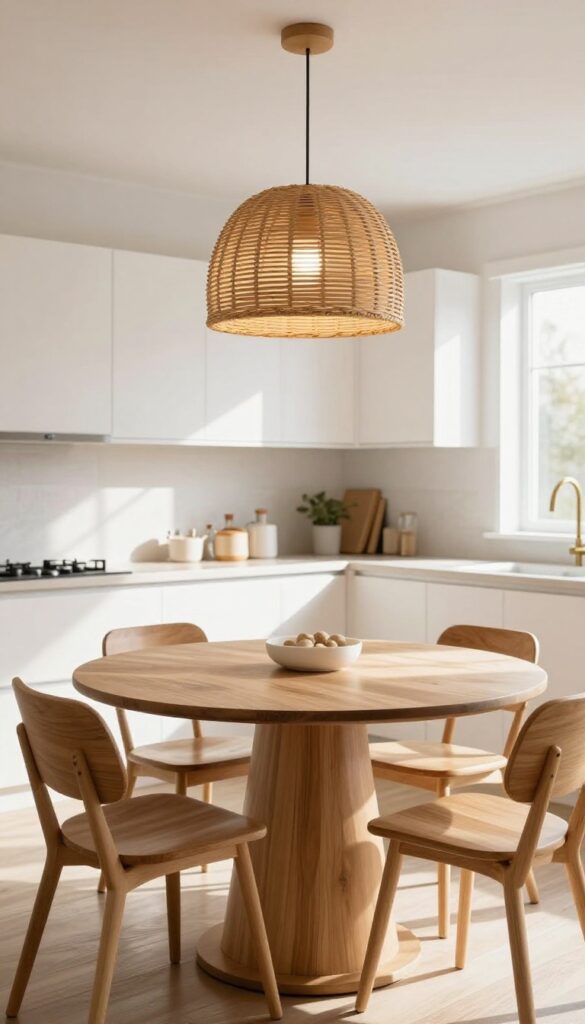 Eat-in kitchen with rattan pendant light over round wooden table, defining dining zone in open-plan layout.