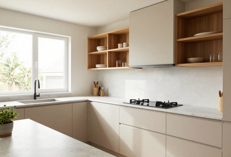 Modern beige kitchen with wood shelves and black hardware