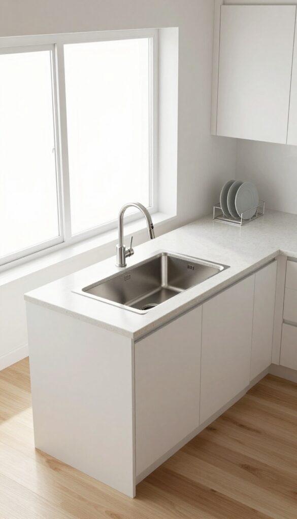 Bright kitchen corner with angled countertop and sink under window