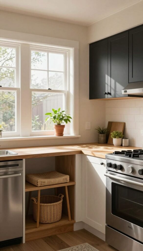 Bright kitchen with creamy beige walls, white trim, wood shelves, stainless steel appliances, and woven bar stools.