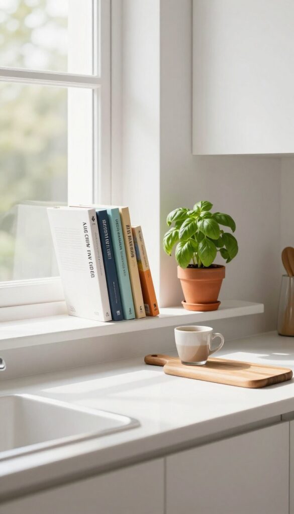 Narrow ledge above kitchen counter with cookbooks and potted herb plant