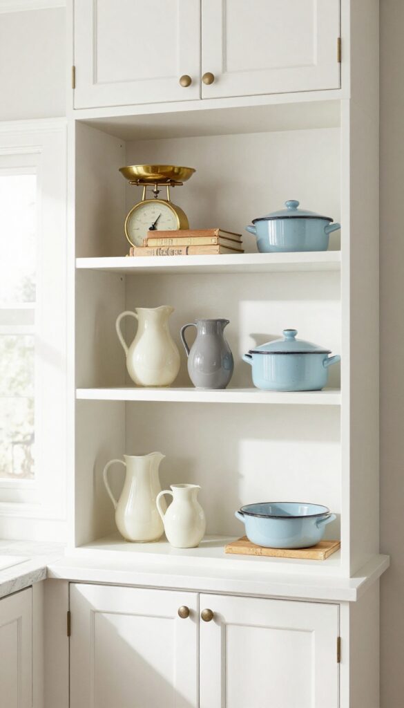 Vintage milk glass pitchers, kitchen scale, and enamelware arranged on open shelving in a farmhouse kitchen