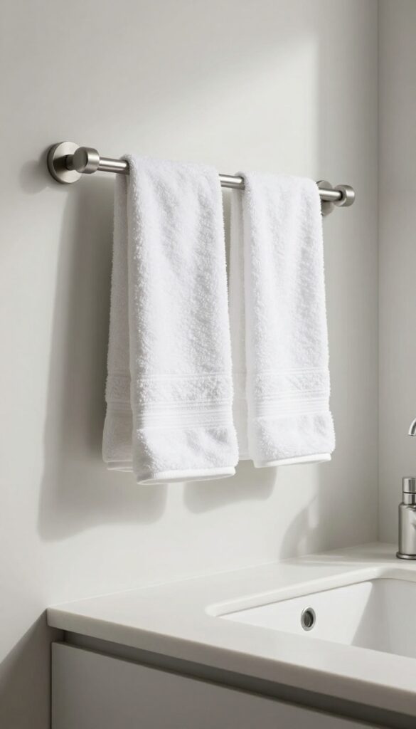 Modern kitchen sink with wall-mounted towel rail and white towels