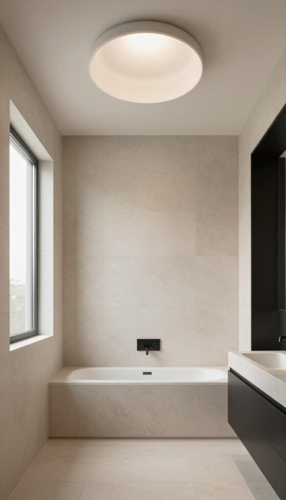 A modern bathroom shower with frosted glass dome ceiling lights providing soft, diffused illumination in a bright, clean setting.