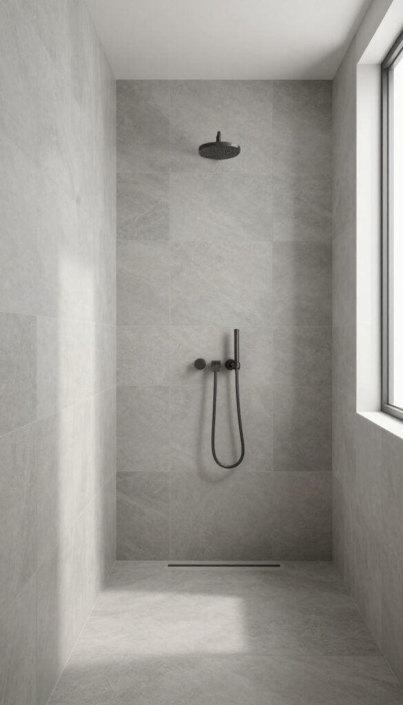 A serene neo angle shower with a monochromatic gray color scheme, showcasing varying shades of tiles and natural stone accents under bright natural light for a tranquil, spa-like bathroom upgrade.