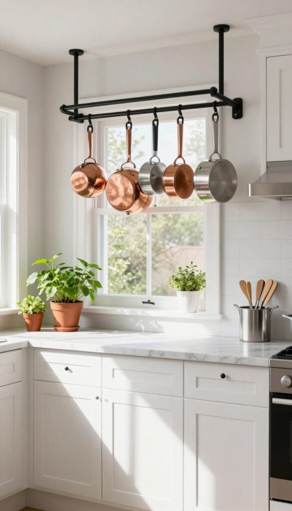 Small kitchen with ceiling-mounted pot rack above island, pots arranged by size, bright natural light