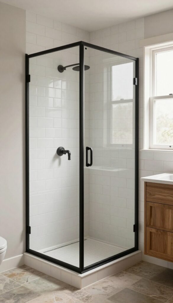 A farmhouse bathroom walk-in shower with black-framed glass panels, white tile, warm wood, and natural stone in bright natural light