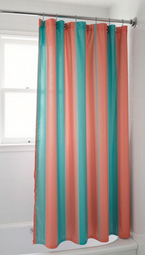 A bathroom with a curved chrome shower rod and a colorful patterned curtain, adding personality to the space with natural light and clean decor.