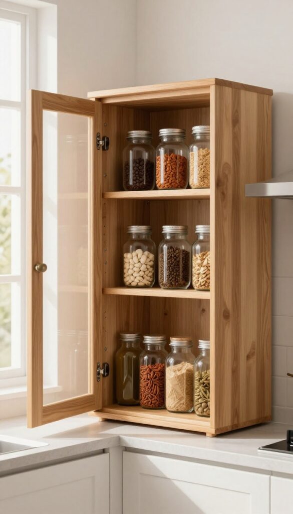 Elegant small kitchen corner cabinet with wooden lazy Susan organizing spices and jars