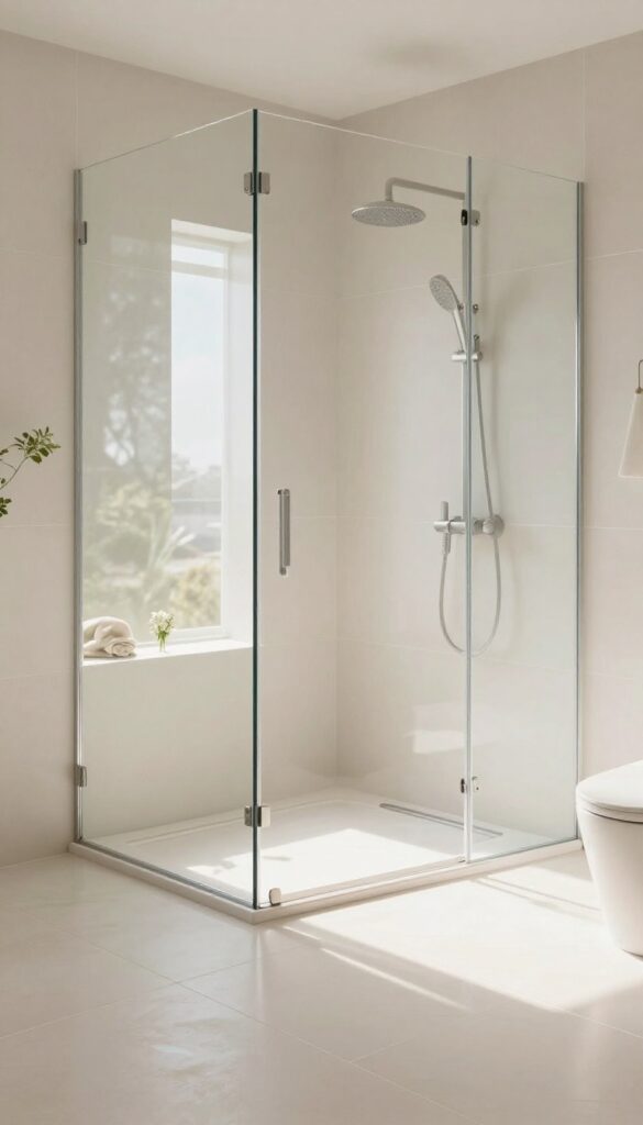 A bright and airy walk-in shower with large glossy light tiles reflecting natural light, featuring neutral fixtures and minimal decor to enhance spaciousness.