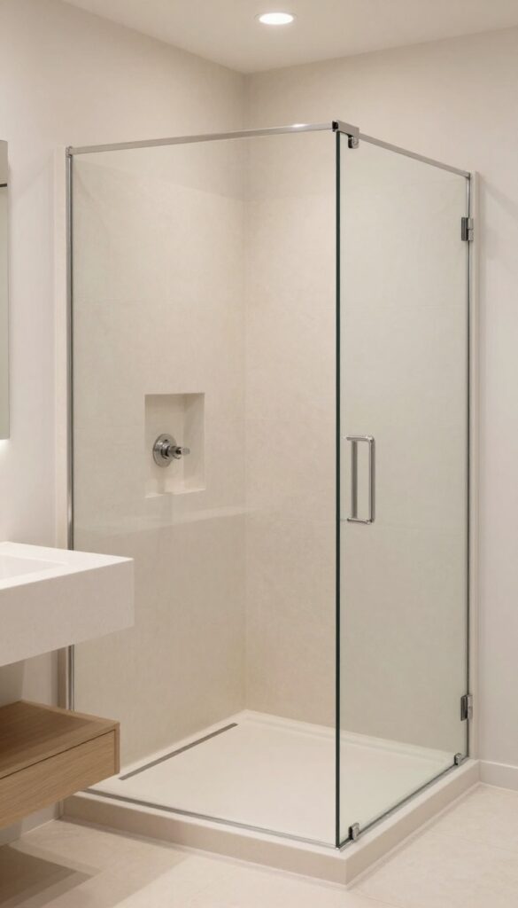 Half-wall curbless shower in a polished bathroom with natural light and clean design, showing subtle separation and practical features like a recessed niche.