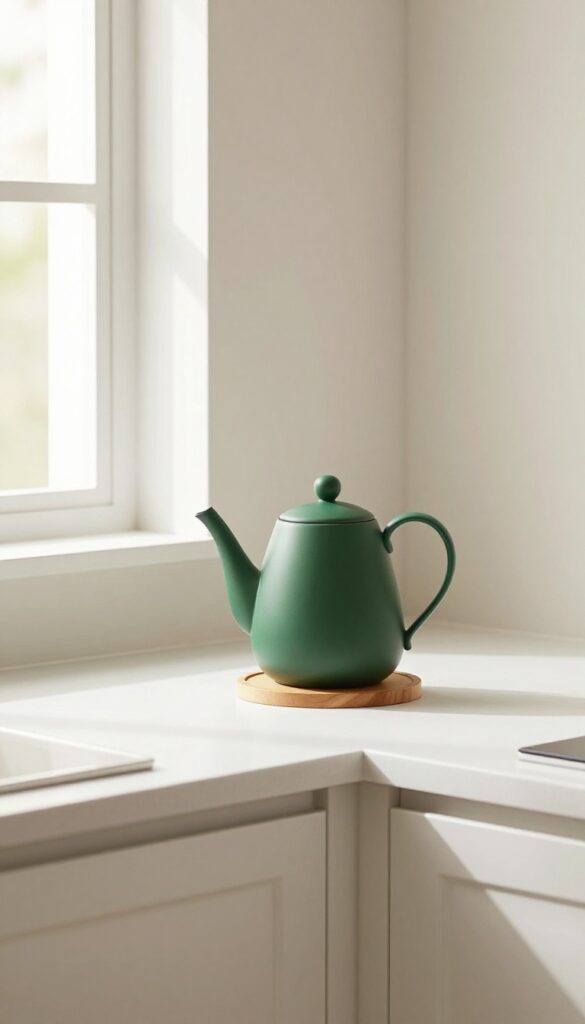 A minimalist kitchen corner featuring a single emerald green teapot on a wooden trivet, bathed in natural light.