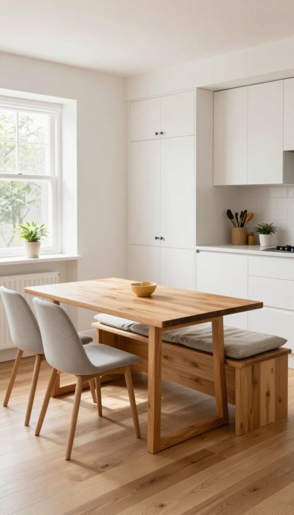 Eat-in kitchen with wooden bench and chairs, bright natural light