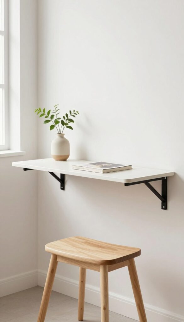 Wall-mounted fold-down table in a small kitchen, folded up as a shelf with plant and cookbook, stool tucked underneath.