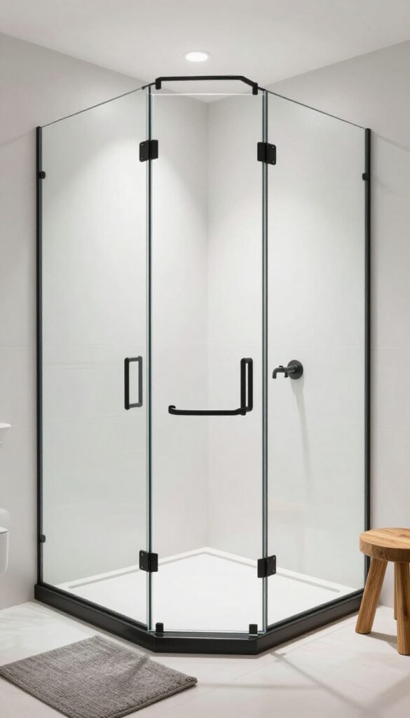 A modern bathroom with a steam shower using frameless glass enclosures to create a seamless, open layout with natural light reflection.