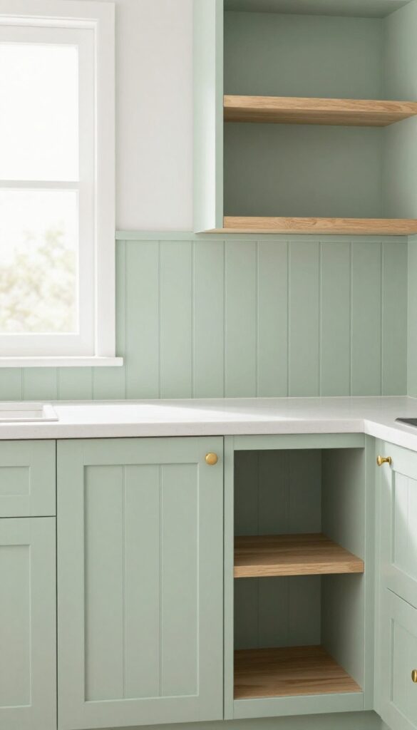 Beadboard paneling backsplash in pale sage green, vertical grooves, natural light, wood shelves, brass hardware, white countertops.