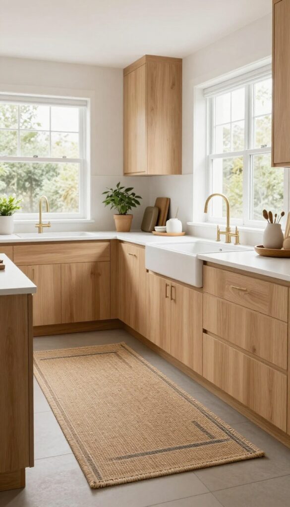 Layered natural fiber runners in a bright kitchen with jute base and soft cotton top rug