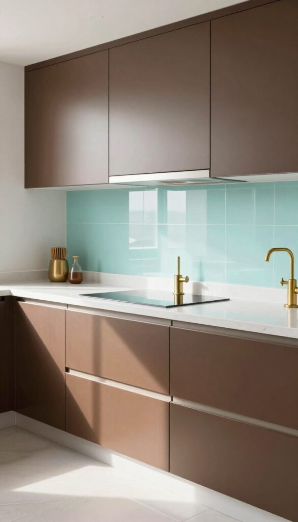 Modern kitchen with brown cabinets and pale aqua vertical stacked glass tile backsplash, white quartz countertop, and brass fixtures.