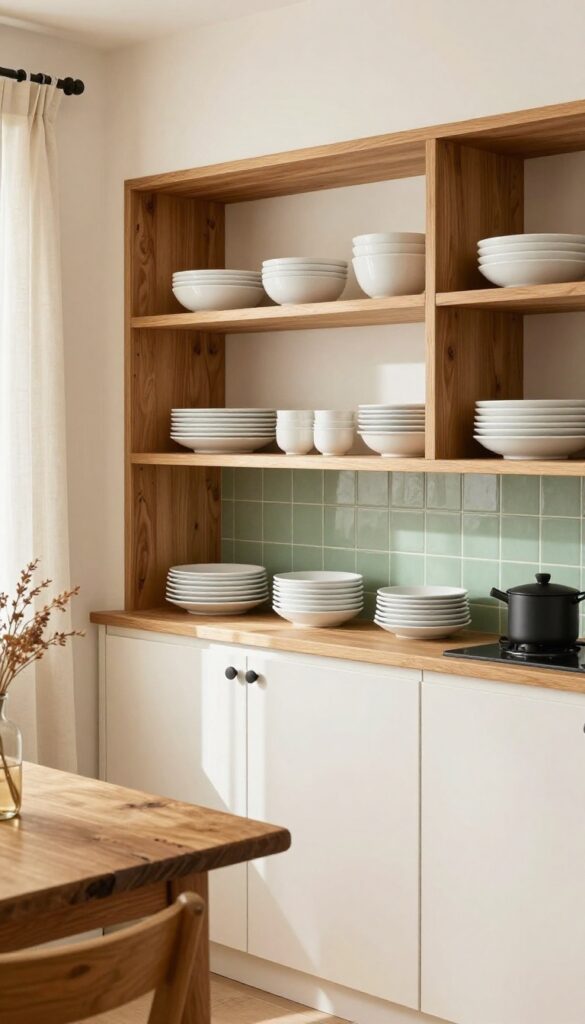 Terracotta kitchen cabinets with cream walls, sage green tiles, and natural wood accents
