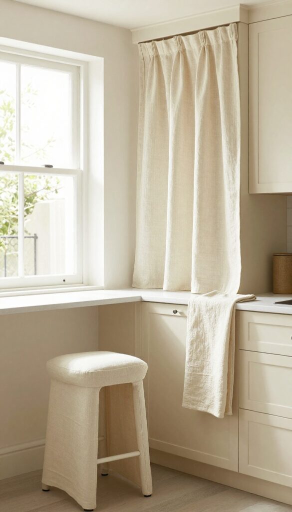 Cream kitchen with linen curtains and slipcovered chair adding soft texture
