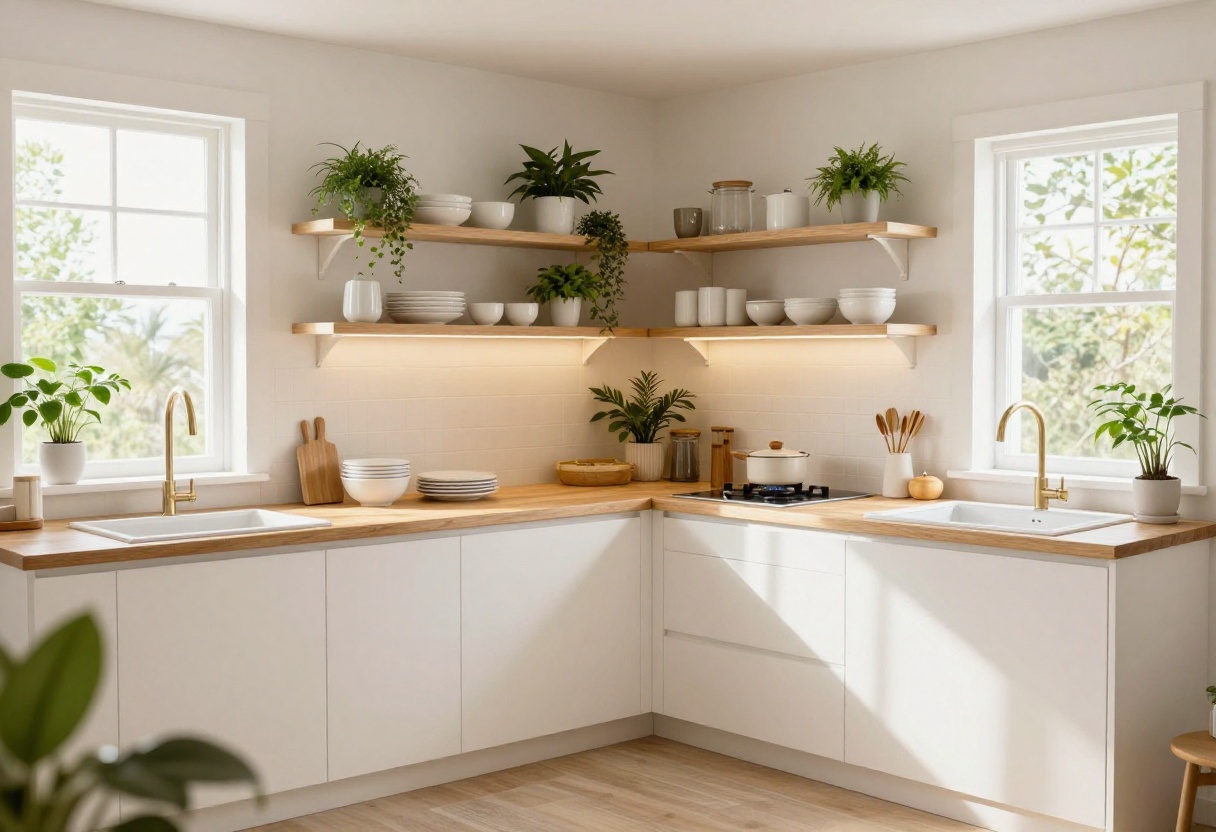 Cozy small kitchen with open shelving, warm wood countertops, and a breakfast nook bathed in natural light