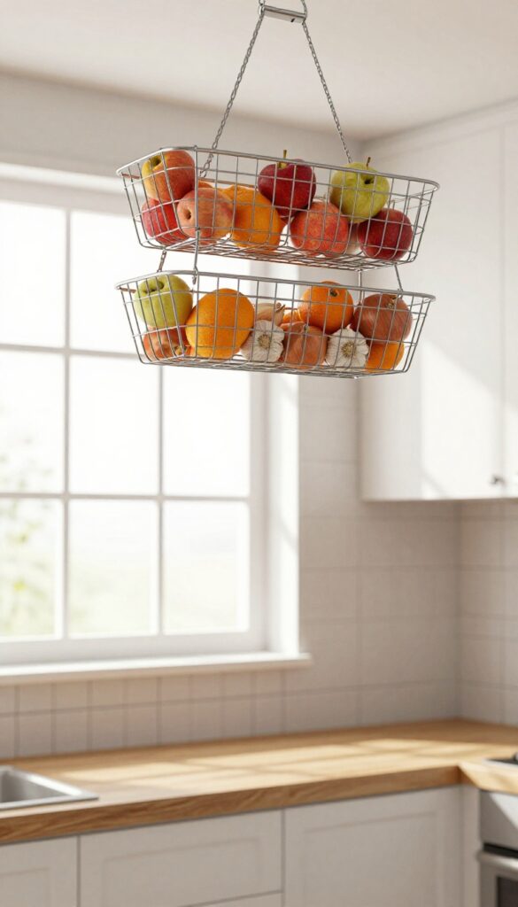 Hanging fruit basket from ceiling in farmhouse kitchen with fresh produce