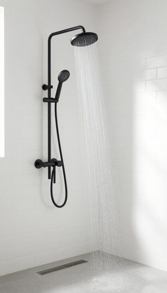 Matte black shower fixtures in a modern bathroom with white tiles and natural light