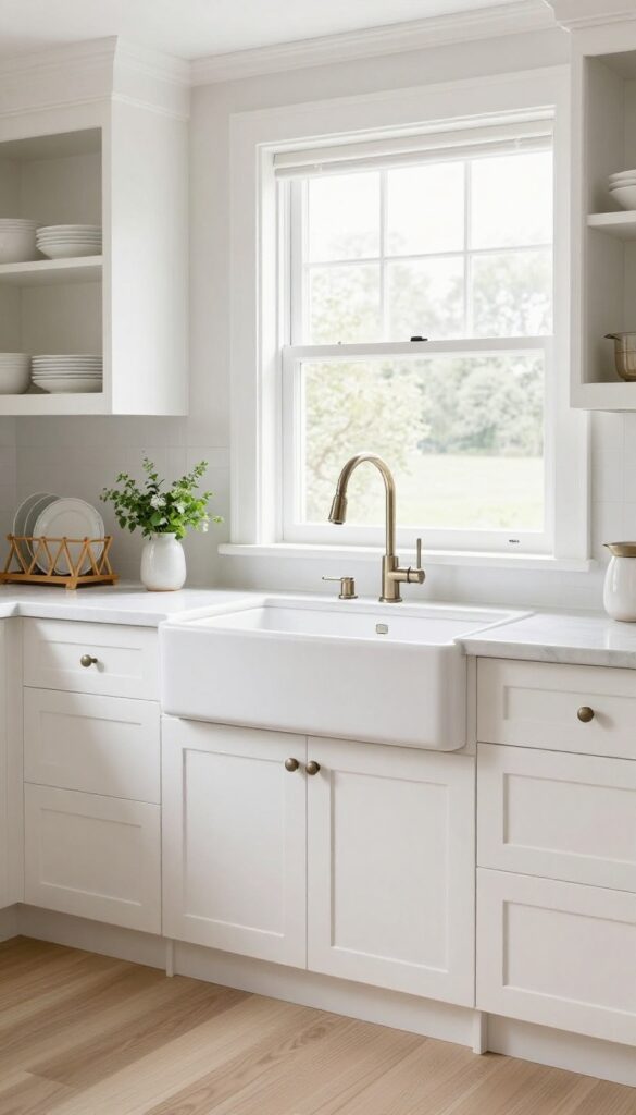 Bright farmhouse kitchen with white apron-front sink, gooseneck faucet, wooden drying rack, and fresh herbs on clear countertops.